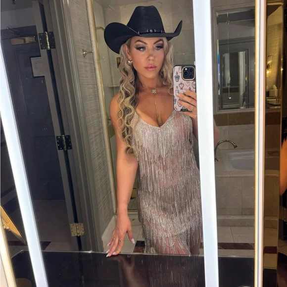 Silver Fringe Sequin Party Dress with Spaghetti Straps - Picture 3 of 5